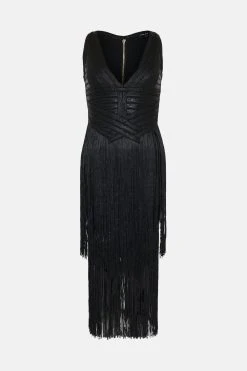 Karen Millen Foiled Bandage Knit Fringe Tiered Midi Dress -Karen Millen shop black foiled bandage knit fringe tiered midi dress 2