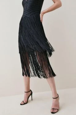 Karen Millen Foiled Bandage Knit Fringe Tiered Midi Dress -Karen Millen shop black foiled bandage knit fringe tiered midi dress 3