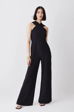 Karen Millen Halter Neck Jersey Wide Leg Jumpsuit -Karen Millen shop black halter neck jersey wide leg jumpsuit 1