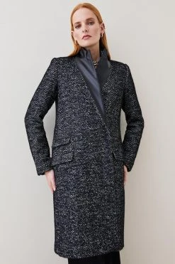 Karen Millen Italian Herringbone Wool Pu Collar Coat