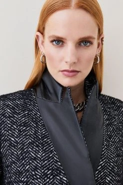Karen Millen Italian Herringbone Wool Pu Collar Coat -Karen Millen shop black italian herringbone wool pu collar coat 1 3