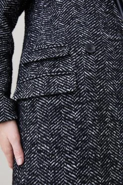 Karen Millen Italian Herringbone Wool Pu Collar Coat -Karen Millen shop black italian herringbone wool pu collar coat 1 4
