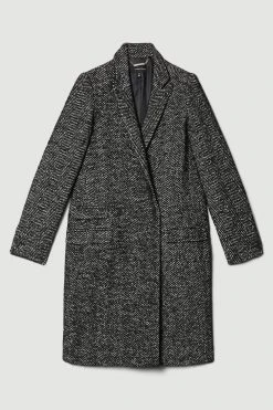 Karen Millen Italian Herringbone Wool Pu Collar Coat -Karen Millen shop black italian herringbone wool pu collar coat 1 5