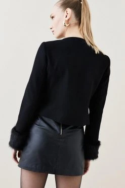 Karen Millen Italian Virgin Wool Faux Fur Cuff Short Coat
