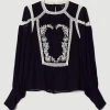 Karen Millen Ladder Trim Lace Woven Blouse 1 Karen Millen Ladder Trim Lace Woven Blouse -Karen Millen shop black ladder trim lace woven blouse