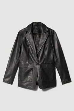 Karen Millen Leather Clean Tailored Single Breasted Blazer -Karen Millen shop black leather clean tailored single breasted blazer 3