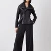 Karen Millen Leather Drape And Ponte Waterfall Hem Jacket -Karen Millen shop black leather drape and ponte waterfall hem jacket