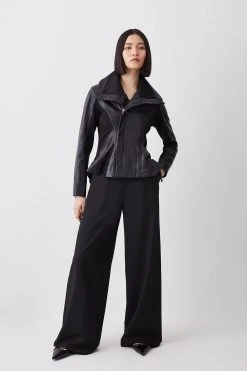 Karen Millen Leather Drape And Ponte Waterfall Hem Jacket
