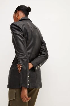 Karen Millen Leather Gold Button Single Breasted Blazer -Karen Millen shop black leather gold button single breasted blazer 3