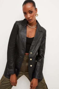 Karen Millen Leather Gold Button Single Breasted Blazer -Karen Millen shop black leather gold button single breasted blazer 4