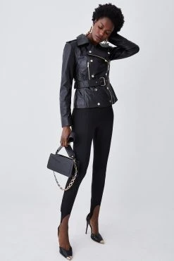 Karen Millen Leather Military Zip Detail Biker Jacket -Karen Millen shop black leather military zip detail biker jacket 3