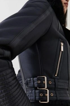 Karen Millen Leather Multi Stitch Cuff Shearling Lined Coat -Karen Millen shop black leather multi stitch cuff shearling lined coat 2