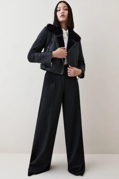 Karen Millen Leather Multi Stitch Cuff Shearling Lined Coat -Karen Millen shop black leather multi stitch cuff shearling lined coat 3