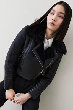 Karen Millen Leather Multi Stitch Cuff Shearling Lined Coat -Karen Millen shop black leather multi stitch cuff shearling lined coat 4