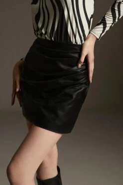Karen Millen Leather Ruched Side Mini Skirt -Karen Millen shop black leather ruched side mini skirt 2