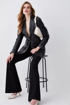 Karen Millen Leather Strong Shoulder Blazer Jacket -Karen Millen shop black leather strong shoulder blazer jacket 1 3