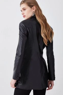 Karen Millen Leather Strong Shoulder Blazer Jacket -Karen Millen shop black leather strong shoulder blazer jacket 1 4
