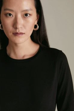 Karen Millen Long Sleeve Jersey Crew Neck Tee -Karen Millen shop black long sleeve jersey crew neck tee 1