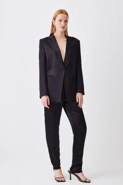 Karen Millen Luxe Satin Slim Leg Trouser -Karen Millen shop black luxe satin slim leg trouser 1 2