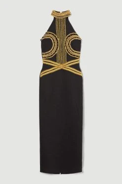 Karen Millen Military Embellished High Neck Maxi Dress -Karen Millen shop black military embellished high neck maxi dress 3