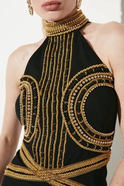 Karen Millen Military Embellished High Neck Maxi Dress -Karen Millen shop black military embellished high neck maxi dress 4