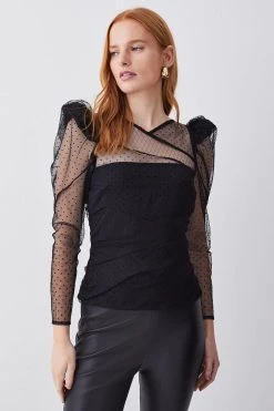 Karen Millen Mixed Mesh Spot Tulle Top 11 Karen Millen Mixed Mesh Spot Tulle Top -Karen Millen shop black mixed mesh spot tulle top 4