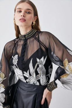 Karen Millen Organdie Applique Buttoned Woven Blouse 10 Karen Millen Organdie Applique Buttoned Woven Blouse -Karen Millen shop black organdie applique buttoned woven blouse 2