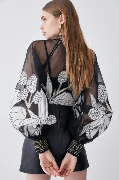 Karen Millen Organdie Applique Buttoned Woven Blouse 12 Karen Millen Organdie Applique Buttoned Woven Blouse -Karen Millen shop black organdie applique buttoned woven blouse 4