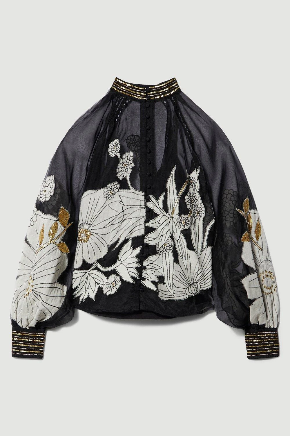 Karen Millen Organdie Applique Buttoned Woven Blouse 3 Karen Millen Organdie Applique Buttoned Woven Blouse