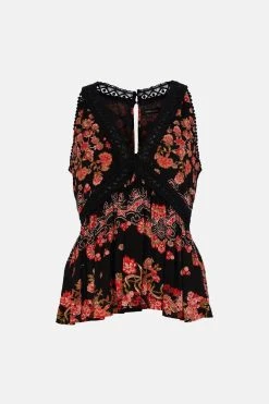 Karen Millen Paisley Print Woven Viscose Lace Trim Top