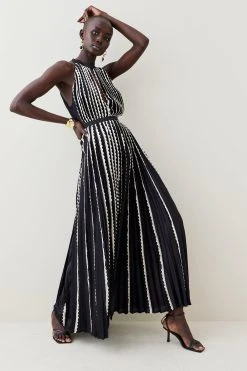 Karen Millen Pleat Lace Insert Drama Woven Halter Maxi -Karen Millen shop black pleat lace insert drama woven halter maxi 1