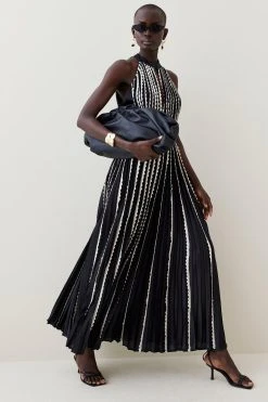 Karen Millen Pleat Lace Insert Drama Woven Halter Maxi -Karen Millen shop black pleat lace insert drama woven halter maxi 3