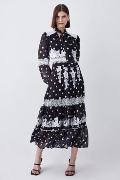 Karen Millen Polka Dot Mix Lace & Embroidery Maxi Dress -Karen Millen shop black polka dot mix lace embroidery maxi dress 1