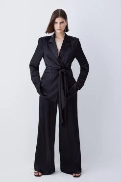 Karen Millen Satin Back Crepe Wide Leg Trouser -Karen Millen shop black satin back crepe wide leg trouser 1 4