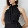 Karen Millen Satin Halter Neck Woven Jumpsuit -Karen Millen shop black satin halter neck woven jumpsuit