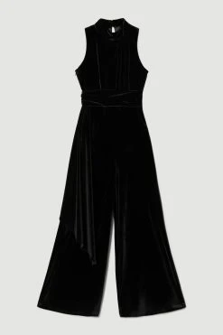 Karen Millen Slinky Velvet Drape Detail Wide Leg Jumpsuit -Karen Millen shop black slinky velvet drape detail wide leg jumpsuit 1 4