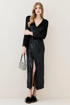 Karen Millen Slinky Velvet Sleeved Maxi Dress -Karen Millen shop black slinky velvet sleeved maxi dress 2