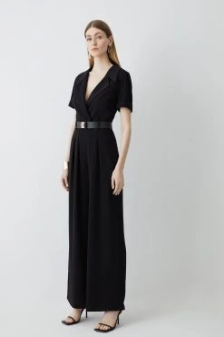 Karen Millen Soft Tailored Belted Pleat Wide Leg Jumpsuit