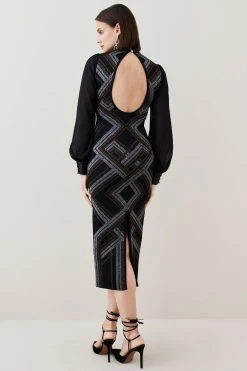 Karen Millen Sparkle Jacquard Sequin Panel Midaxi Knit Dress -Karen Millen shop black sparkle jacquard sequin panel midaxi knit dress 3