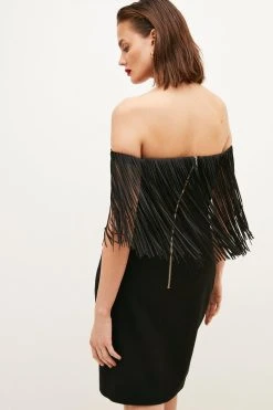Karen Millen Structured Crepe Fringe Bardot Mini Dress