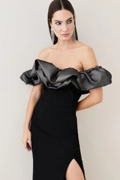 Karen Millen Structured Crepe Jacquard Ruffle Bardot Maxi Dress -Karen Millen shop black structured crepe jacquard ruffle bardot maxi dress 1 4