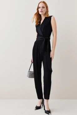 Karen Millen Tuxedo Wrap Sleeveless Jumpsuit -Karen Millen shop black tuxedo wrap sleeveless jumpsuit 3