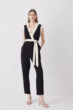 Karen Millen Twill Button Detail Woven Wrap Jumpsuit -Karen Millen shop black twill button detail woven wrap jumpsuit 2