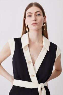 Karen Millen Twill Button Detail Woven Wrap Jumpsuit -Karen Millen shop black twill button detail woven wrap jumpsuit 4