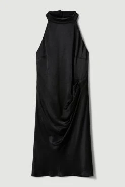 Karen Millen Viscose Satin Back Crepe Diamante Back Halter Mini Dress -Karen Millen shop black viscose satin back crepe diamante back halter mini dress 2