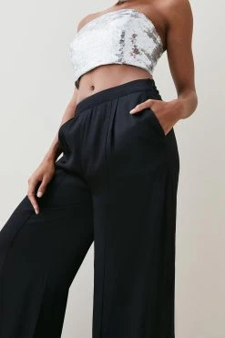 Karen Millen Viscose Satin Pleat Palazzo Trouser -Karen Millen shop black viscose satin pleat palazzo trouser 1