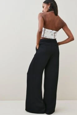 Karen Millen Viscose Satin Pleat Palazzo Trouser -Karen Millen shop black viscose satin pleat palazzo trouser 2