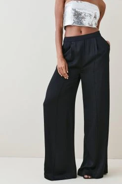 Karen Millen Viscose Satin Pleat Palazzo Trouser -Karen Millen shop black viscose satin pleat palazzo trouser 3