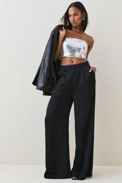 Karen Millen Viscose Satin Pleat Palazzo Trouser -Karen Millen shop black viscose satin pleat palazzo trouser 4