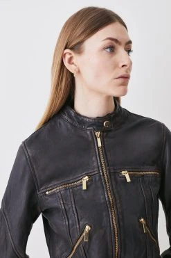 Karen Millen Washed Leather Collarless Jacket